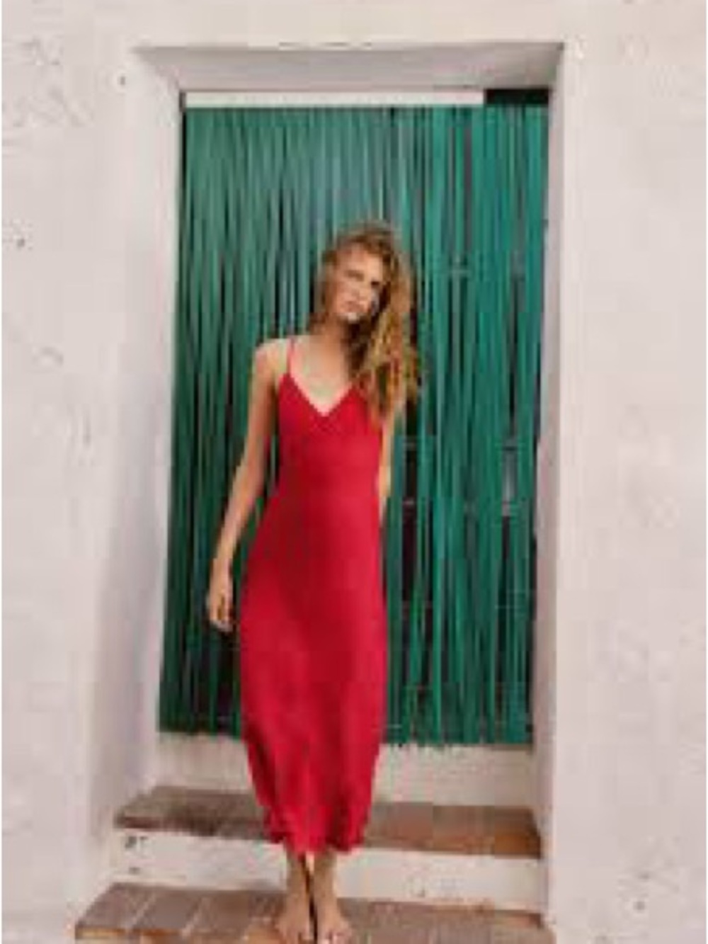 Red V-Neck Midi Slip Dress - Women